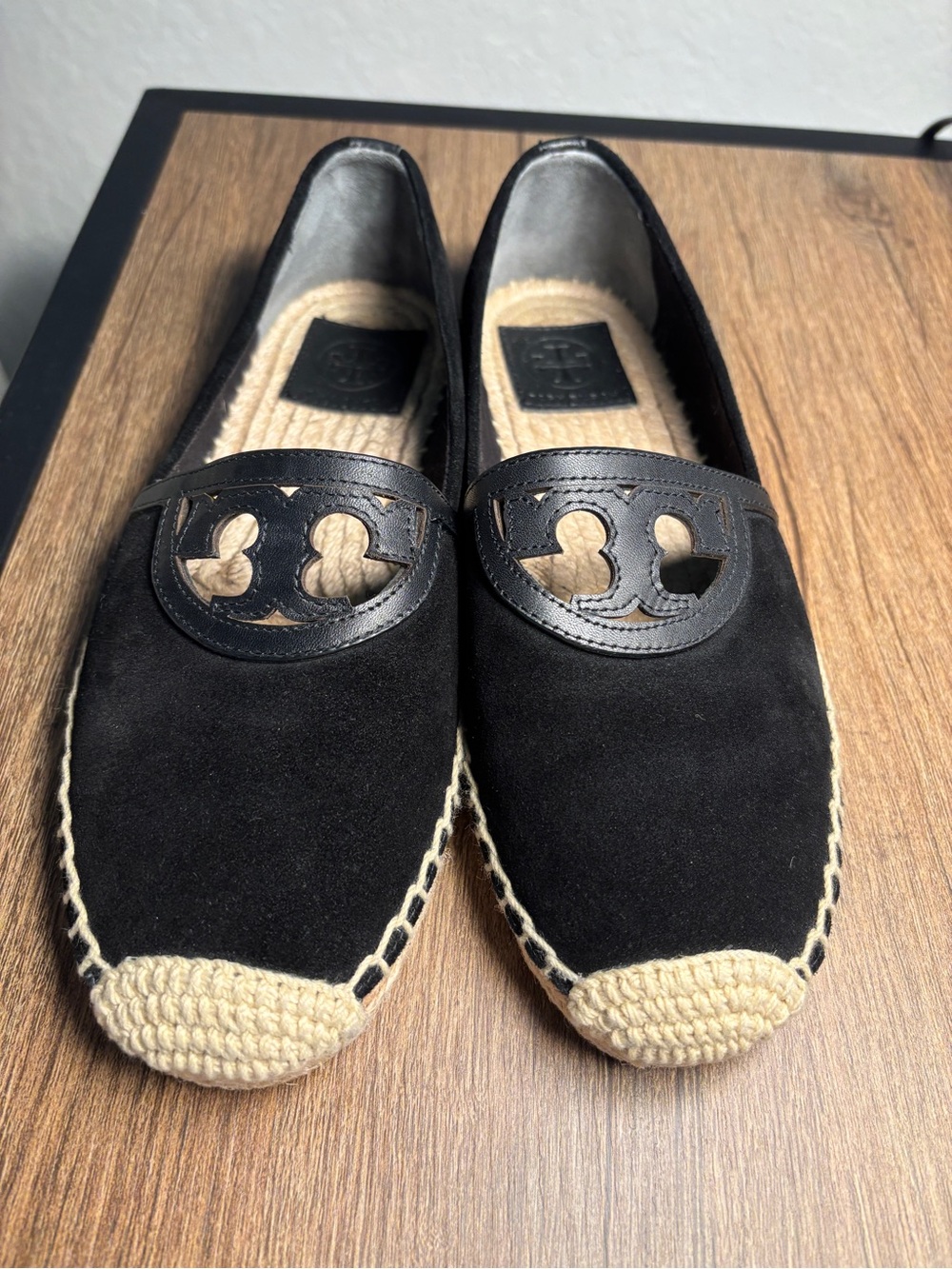 Tory Burch Black Suede Espadrille Loafers with Rope Toe